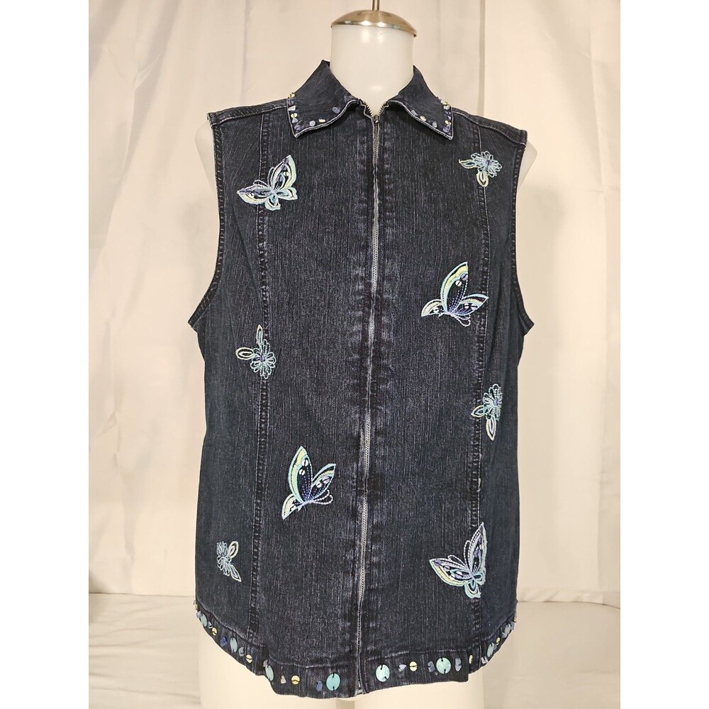 Alfred Dunner Blue Zip Denim Vest Butterfly Flower Bead Sequin Embellished Sz 8
